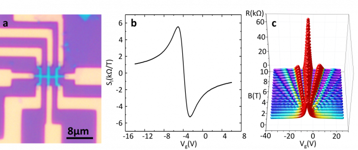 Figure « Fabrication et performances »  
a) Hétérostructure h-BN/graphène mono couche/h-BN de 8µm de long et 500nm de large connecté à des électrodes en Cr/Au. b) Sensibilité SI en fonction de la tension de grille Vg  d’un capteur de Hall typique made in LPCNO. Mesure réalisée à T = 300 K, B = 0,1 T et I = 1 µA. c) Résistance longitudinale d’un capteur typique made in LPCNO à T = 4 K et I = 1 µA. Les caractéristiques de l’effet Hall quantique sont clairement visibles démontrant la propreté des hétérostructures.